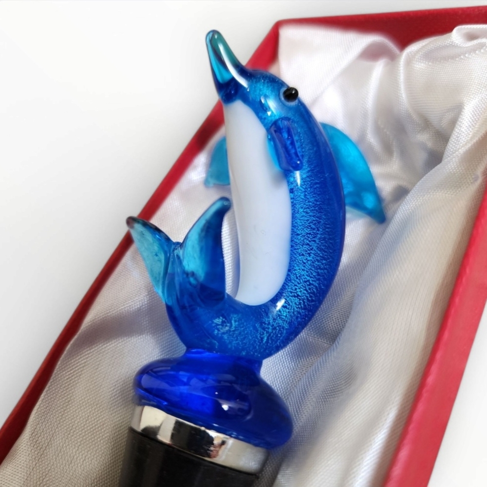 Blown Art Glass Blue Dolphin Wine Bottle Stopper - Picture 2 of 9